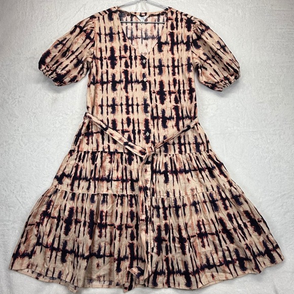 Time‎ and Tru Tiered Midi Dress Tie Dye Linen Blend Puff Sleeve M - Picture 1 of 9
